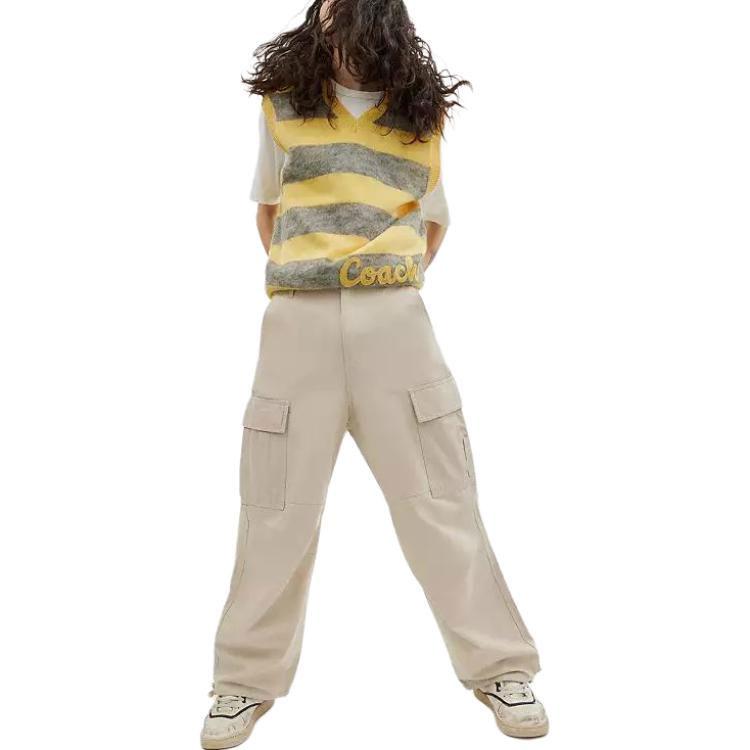 Coach Solid Color Pocket Mid Waist Button Cargo Pants Women pants Khaki CN461-KHA
