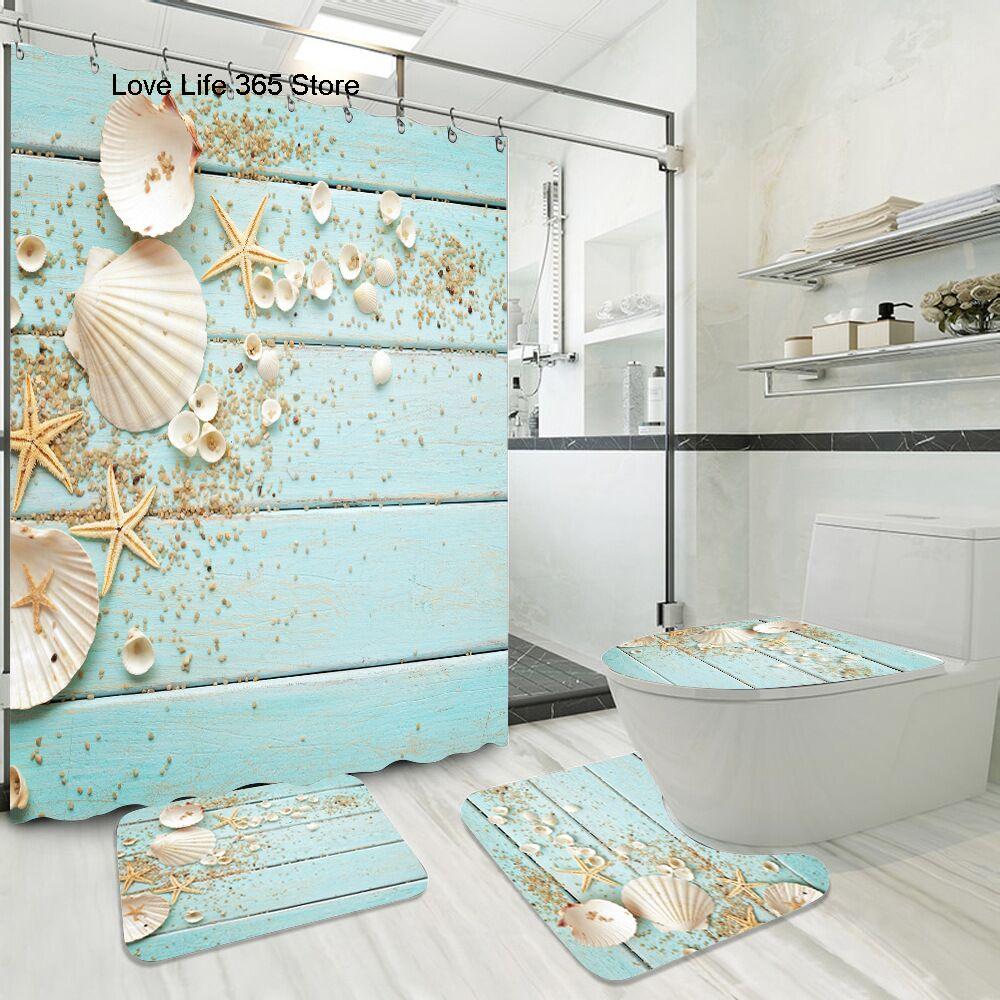 Blue Fishing Net And Whelk 3D Printed Waterproof Shower Curtain Non Slip Rugs Mat Polyester Fabric Waterproof With Hooks
