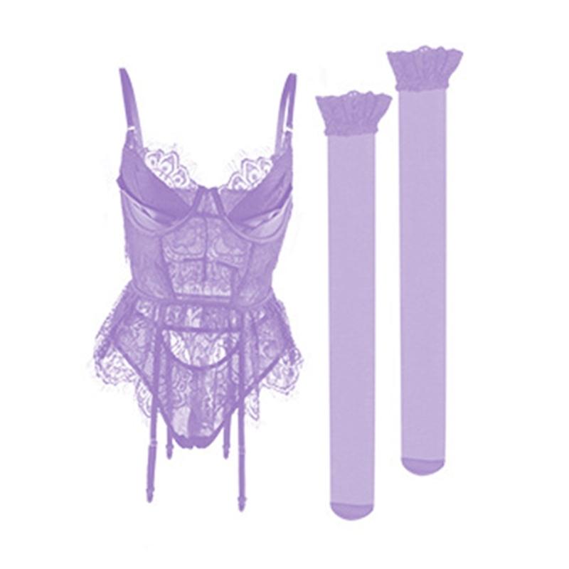 3Pcs Womens Lingerie Underwire Lace Lingerie Sets with Garter Belts One Pieced Bodysuit Teddys with Panty Stockings