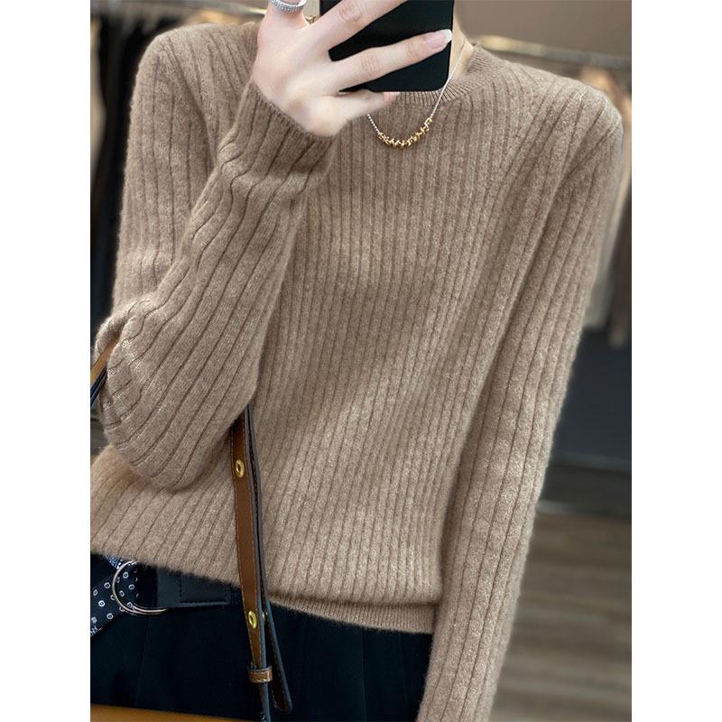 100% Cashmere Pure Wool Slimming Round Neck Knit Sweater - Women's Ribbed Slim Fit for Autumn/Winter
