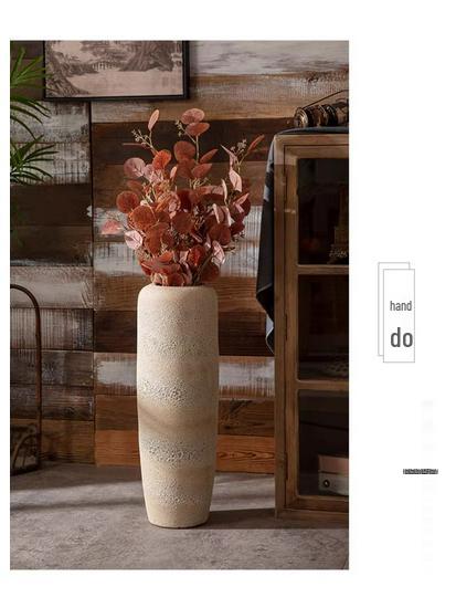 Handmade Retro Nostalgic Large Ceramic Floor Vase – Coarse Pottery Feng Shui Decor for Living Room or Hotel.