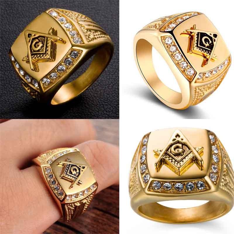Trendy Geometric Masonic Symbol Ring With Artificial Gemstone Inlay For Mens Hip Hop Fashion Jewelry