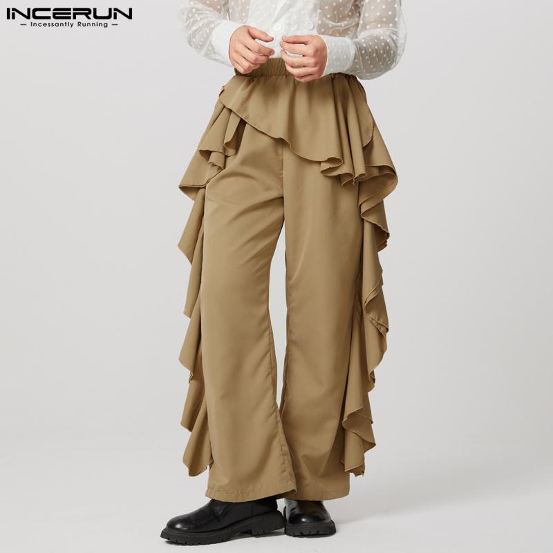 INCERUN Herrenhose mit elastischer Taille, einfarbig, unregelmäßige Rüschen, lange Hose