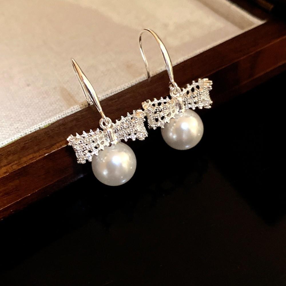 Simulation Freshwater Pearl Bow Pearl Long Earrings Shell Beads Ear Hook Drop Earrings  Girls Gift