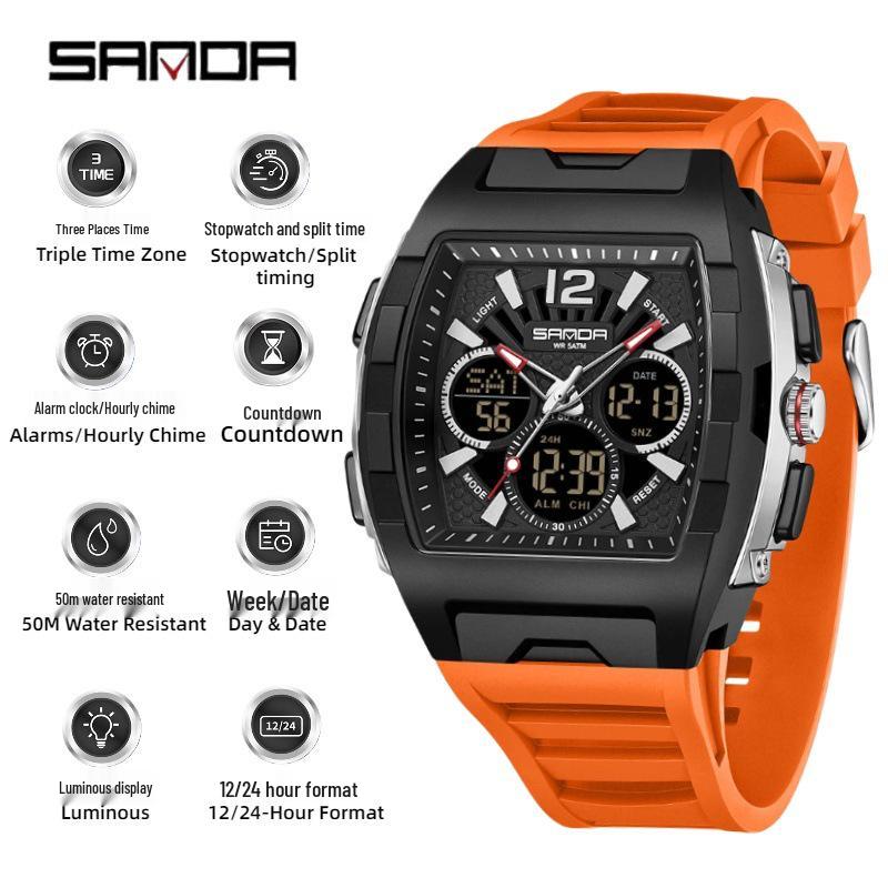 Sanda Men's Sports Barrel-Shaped Luminous Countdown Watch with Triple Time Zone and Dual Display, Waterproof Design.
