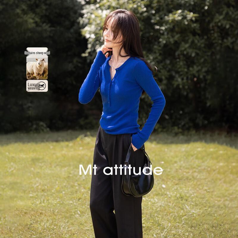 MT Women s Elegant Half-Placket Round Neck Wool Blend Knit Sweater S