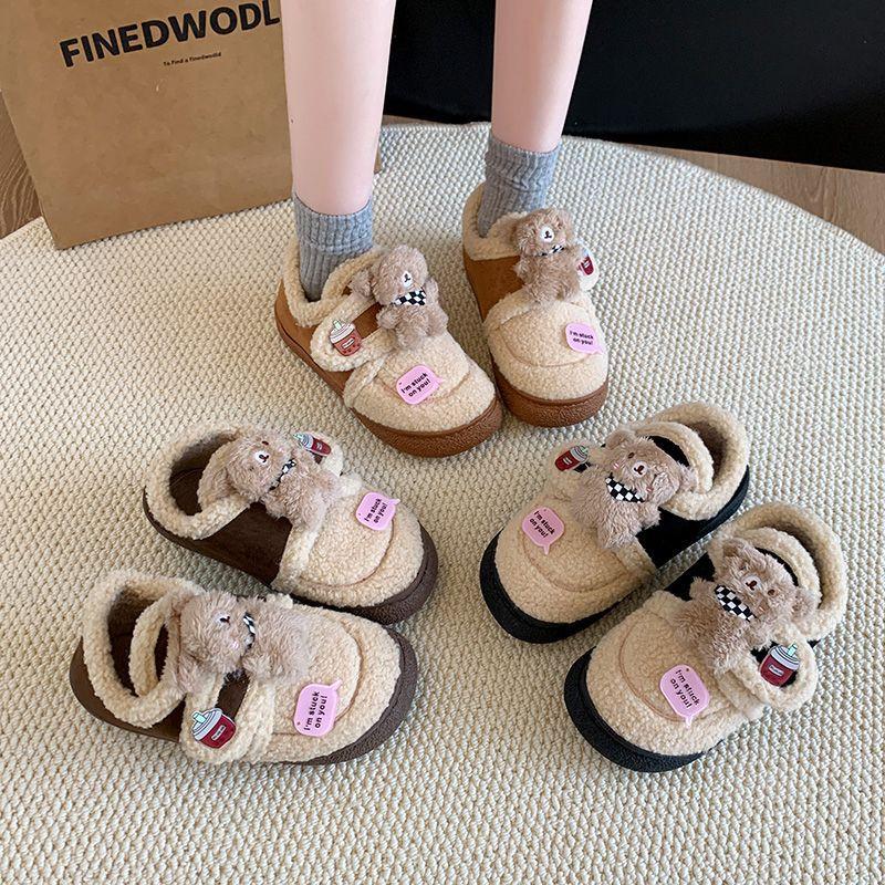 Warm outdoor non-slip Velcro cotton slippers women's versatile cute scarf bear parent-child Doudou shoes 2025 winter