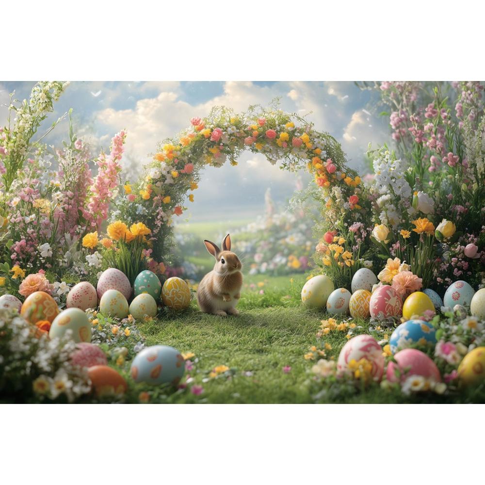 Spring Easter Photography Backdrop Boho Flowers Arch Door Bunny Colorful Eggs Rabbit Kids Birthday Party Decor Photo Background