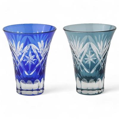 Mizukage Kiriko Pair Glass Cups for Cold X Star Fan Blue Ink Bishou Current Model J-kitchens Sake, 6.2 7.8 Cm, 60cc, & Blue,