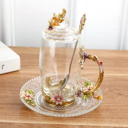 Emaliowany Kolorowy Kubek do Herbaty z Kwiatami Domowy Kubek do Wody Salonowy Kubek do Kawy Kryształowy Szklany Kubek do Herbaty z Pokrywką i Łyżeczką Naczynie do Napojów z Uchwytem