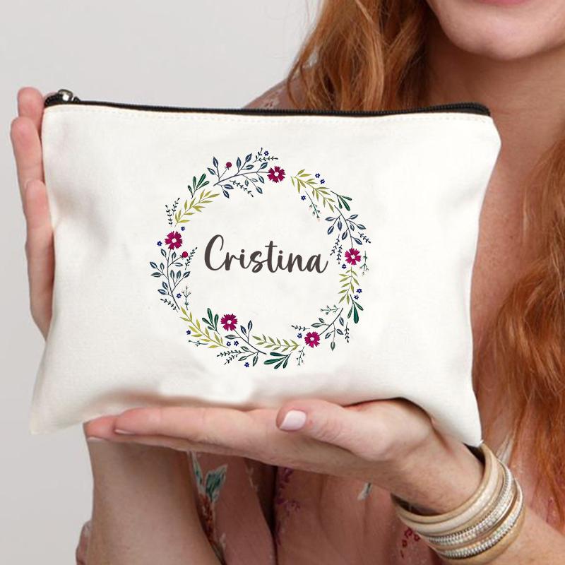 Garland Personalized Name Canvas Cosmetic Bag Travel Zipper Storage Toiletry Bags Retro Pencil Case Teacher Bride Gift Customize