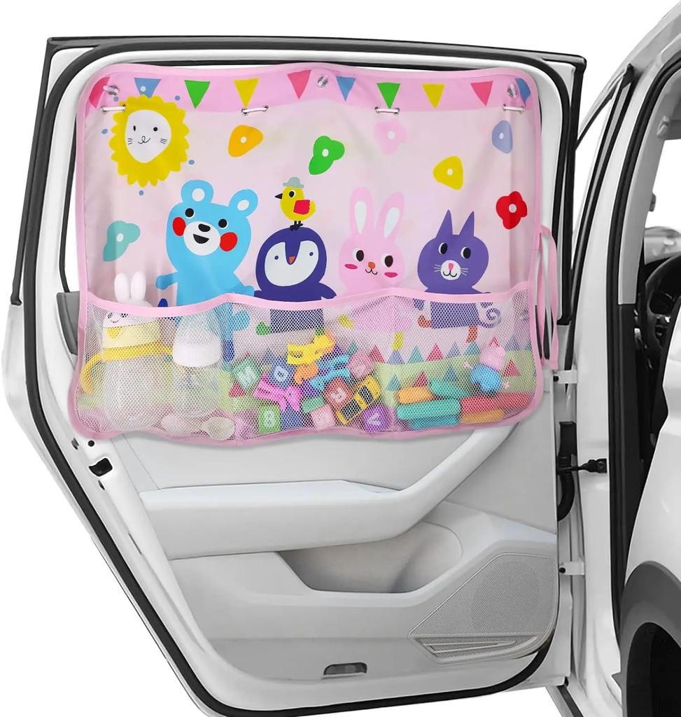 Dinosaur Car Window Shade for Baby Kids Car Sun Shade Curtain for Windows with Storage Net Pocket Sun Glare & UV Rays Protection