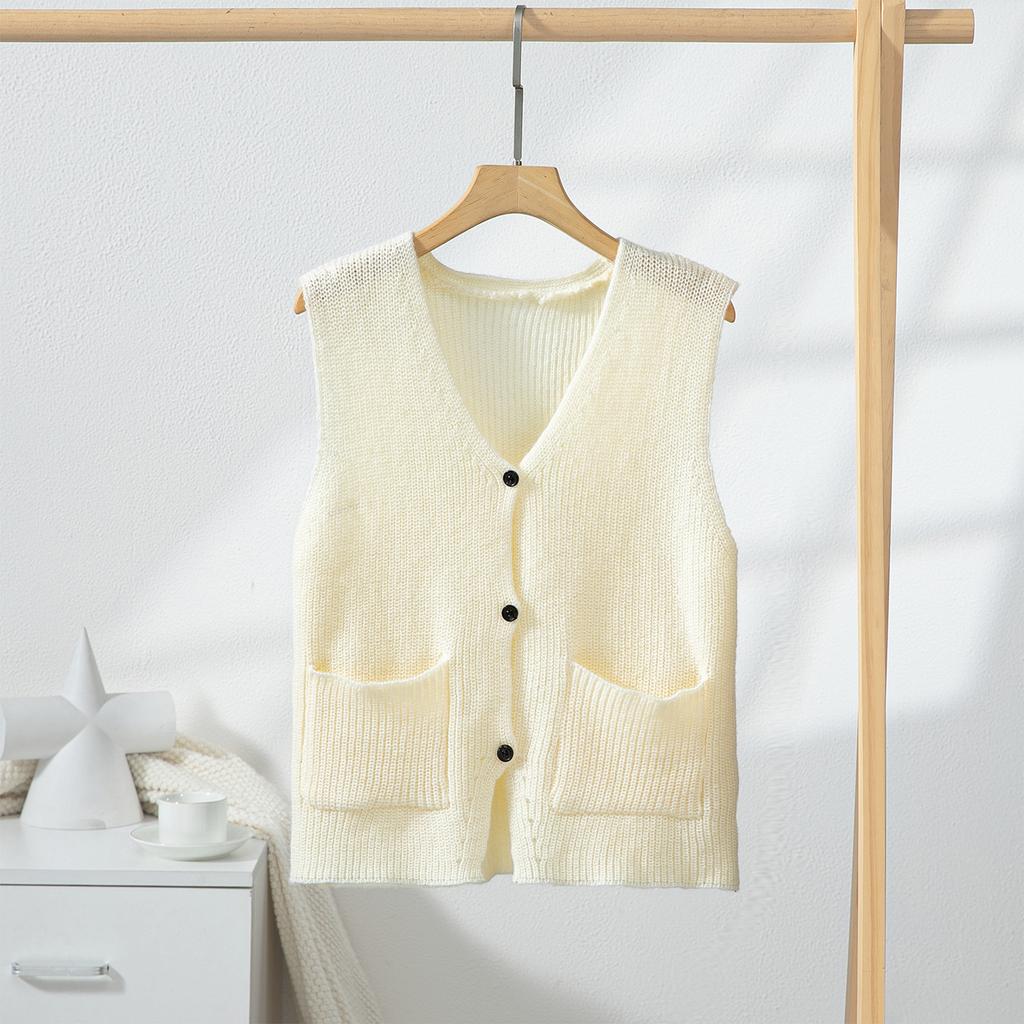 Summer Women's Knitted Vest V-neck Single-breasted Pocket Sleeveless Top Loose Women's Vest