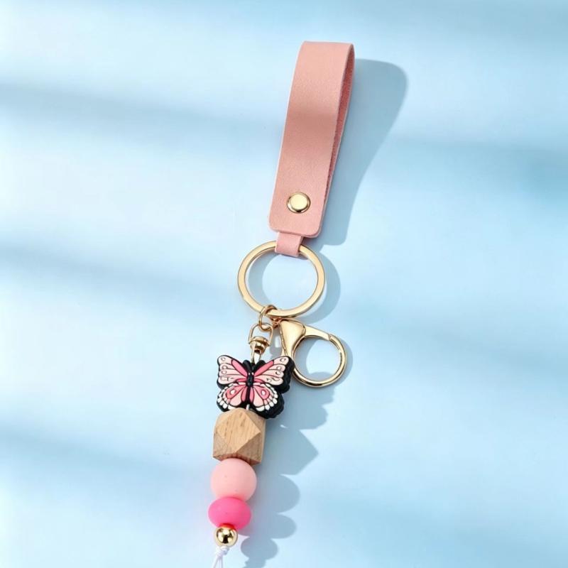 1Pcs Butterfly Silicone Beaded Keychain Personalized PU Leather Bag Charm for Camping Backpack Decor Ornament