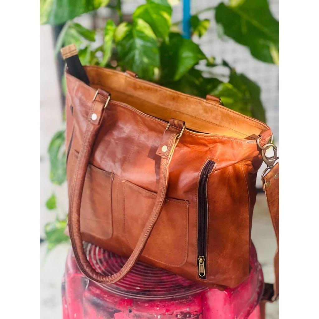 Women's Genuine Reliable Goat Leather Tote Shopping Handmade Bag