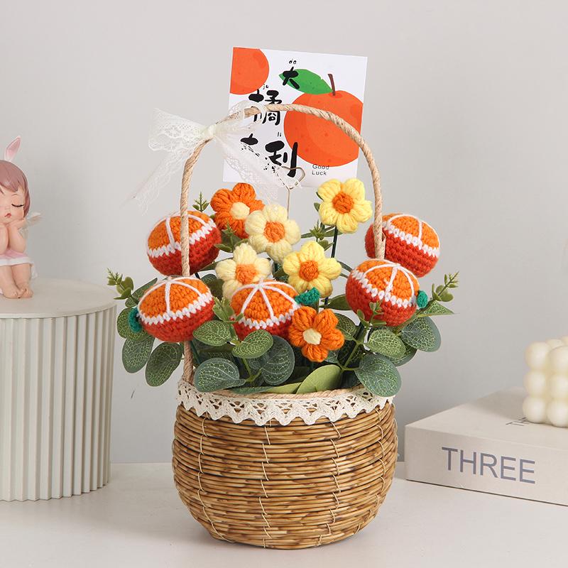 Sonnenblumen Gestrickter Wollstrauß in Handkorb - Geburtstag, Feiertag, Lehrertag, Abschlussgeschenk