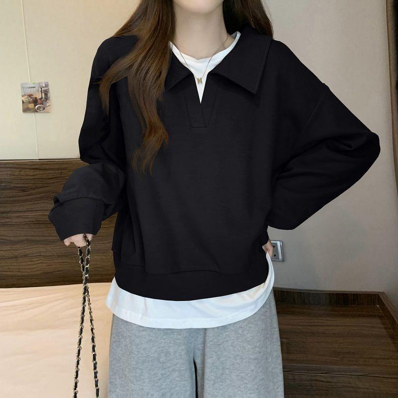 

Женский свитшот большого размера из двух частей в стиле пэчворк - Дизайнерский топ с длинным рукавом, скрывающий живот 4XL for 125-150 kg чёрный