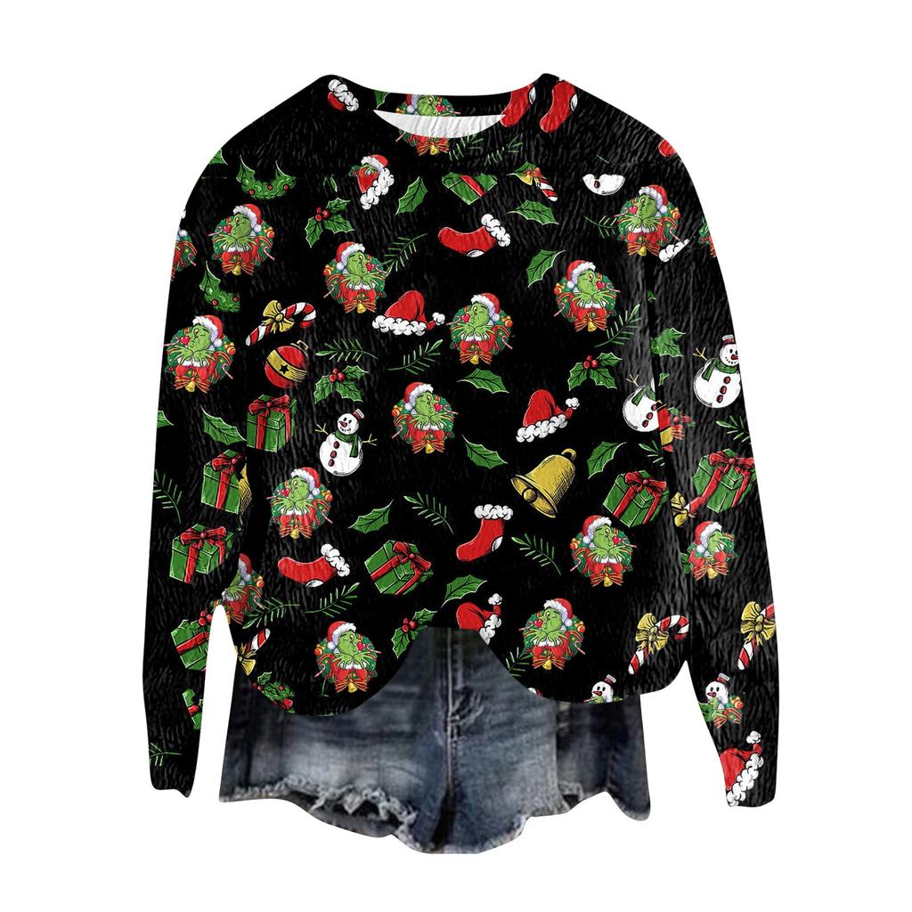 Women's Fashion Round Neck Pullover Top Long Sleeve Tee Christmas Printed Sweatshirt