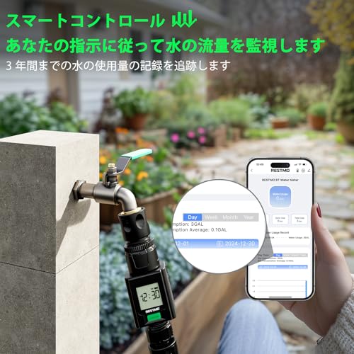 RESTMO Smart Water Flow Meter, 180° Adaptive Garden Hose Tap Meter, Measures Gallon/Liter Consumption and Flow Rate for Outdoor Garden Hose Sprinklers
