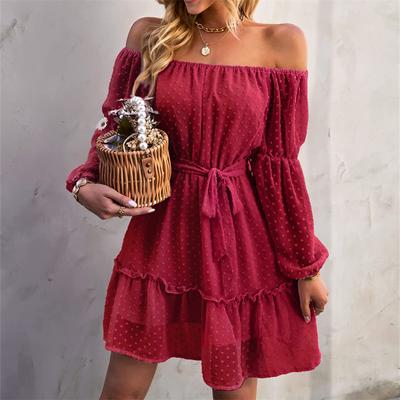 Sommer Sexy Schulterfrei Rüschen Frau Elegant Partykleid Lange Ärmel Lässig Retro Chiffon Mode Schräger Ausschnitt Mini Kleid Damen