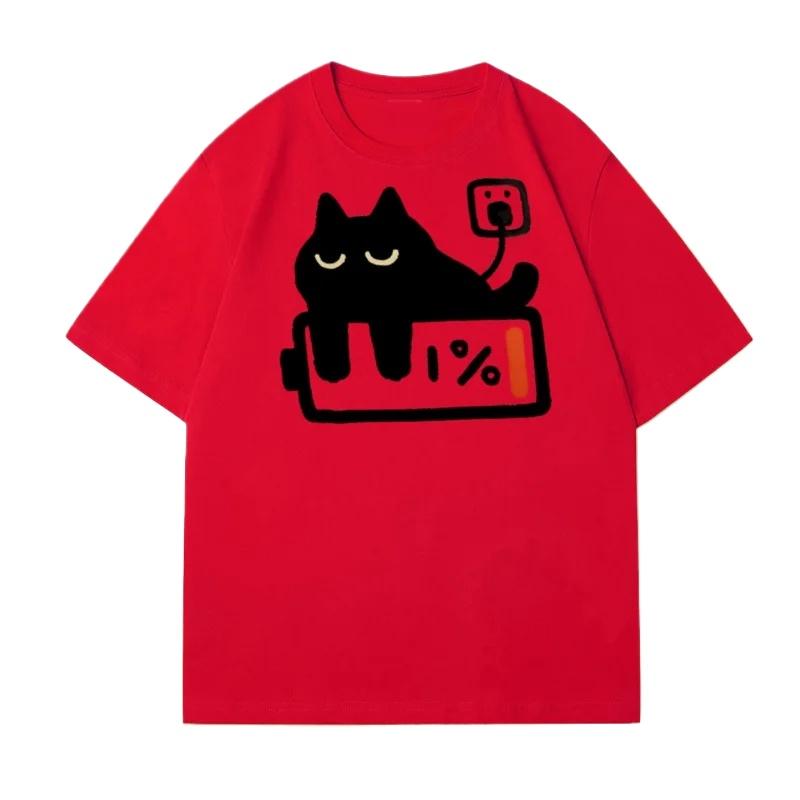 Funny Cat Charging T-shirt for Women Casual T Shirts Short Sleeved Tees Female Tops Summer Streetwear Round Neck Breathable Top
