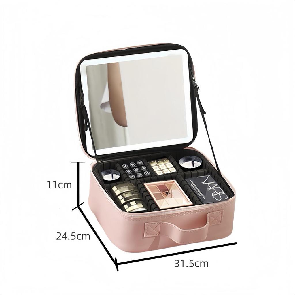 Portable LED Makeup Bag with Full Screen Mirror - Large Capacity Cosmetics Organizer