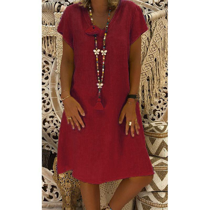 

Модное повседневное летнее платье с коротким рукавом и V-образным вырезом, женское элегантное платье А-силуэта больших размеров, базовое однотонное платье для вечеринки, женская свободная женская одежда XL бордовый