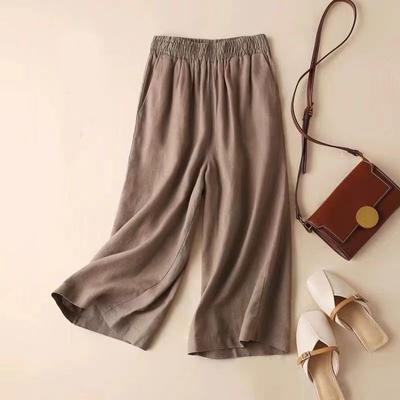 Women Casual Solid Wide Leg Trousers Autumn Large Vintage Pockets Elastic Waist Loose Pants Plus Size