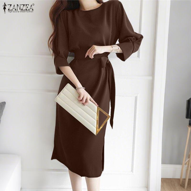 ZANZEA Women Casual Round Neck Loose 3/4 Sleeve Dress