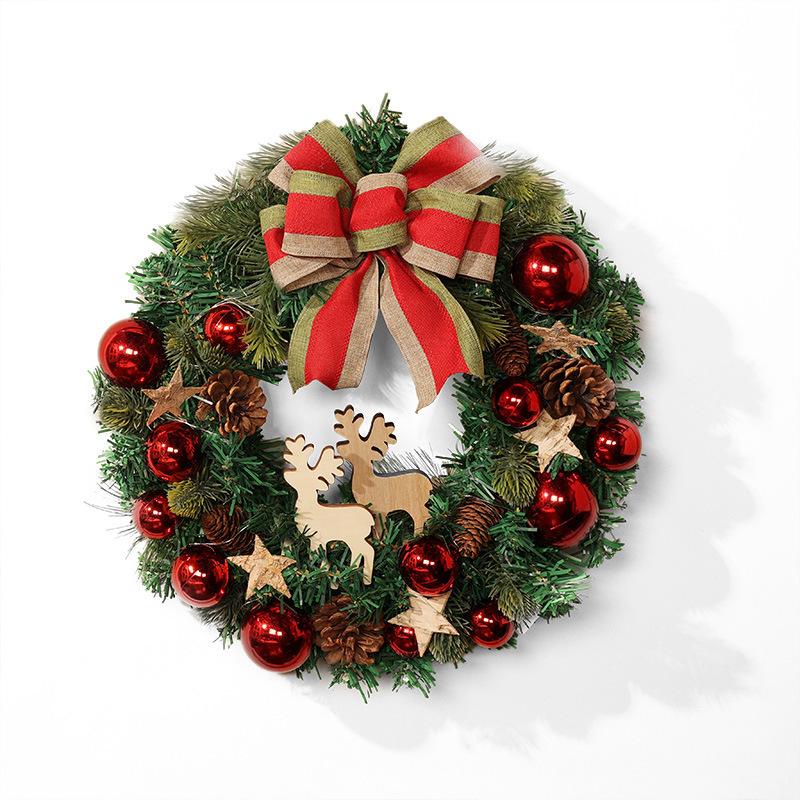 Handmade PVC Christmas Wreath Hanging Ornament Indoor Small Pine Needle Cones with Upside Rattan Bow Pendant Indoor Decorations