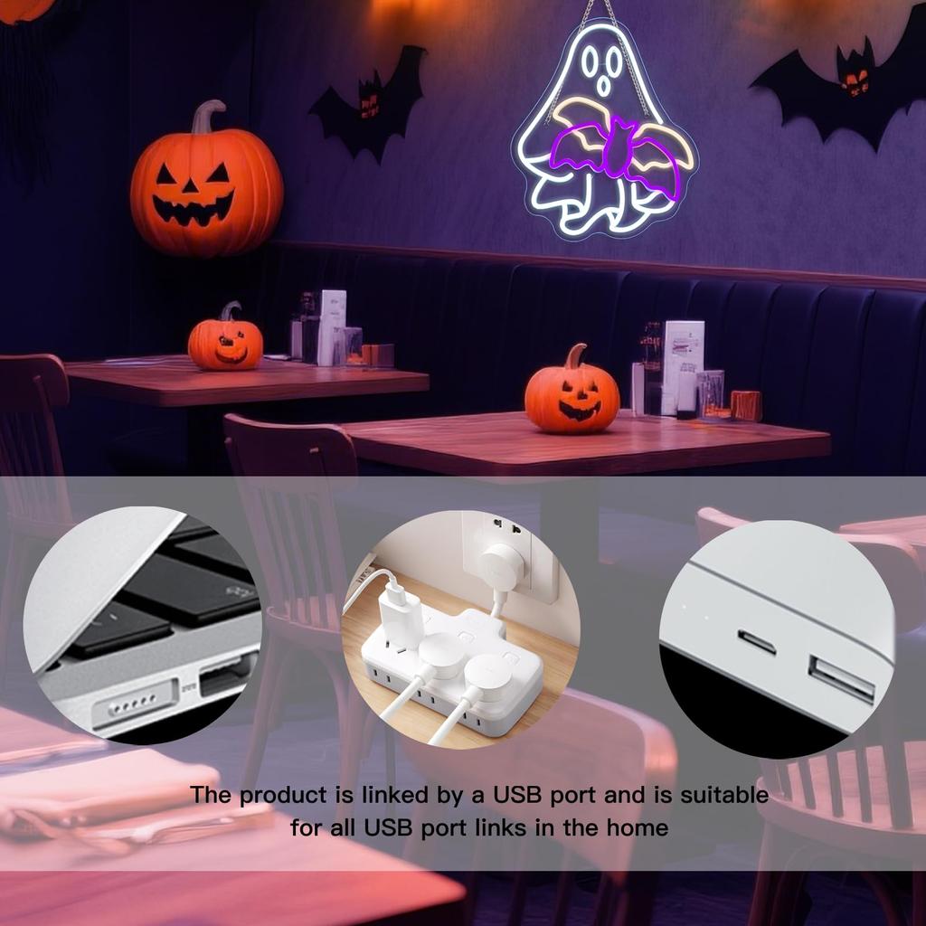 Ghost Bat Neon Sign For Wall Decor Led Lights For Halloween Bar Man Cave Club Party Bedroom Game Room Decor Gifts
