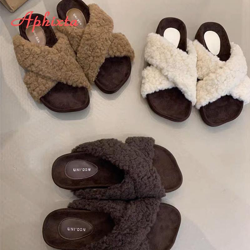 Aphixta New Warm Winter Fleeces Furry Women Slippers Cross Strap Square Toe Women Shoes Flat Heel Hair Slides Footwear