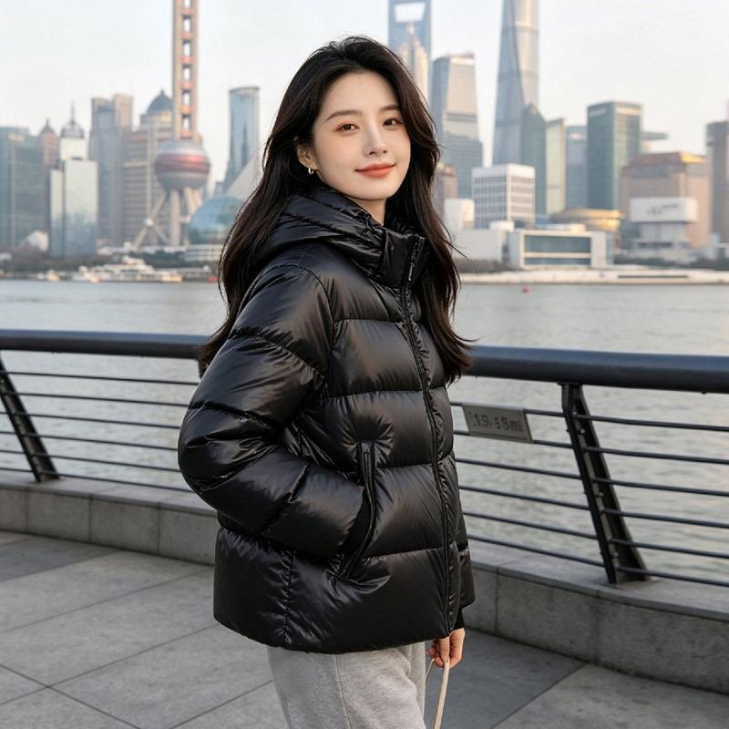 Black gold down jacket women's short Korean version women's winter clothing hooded duck down Pinghu high charging capacity