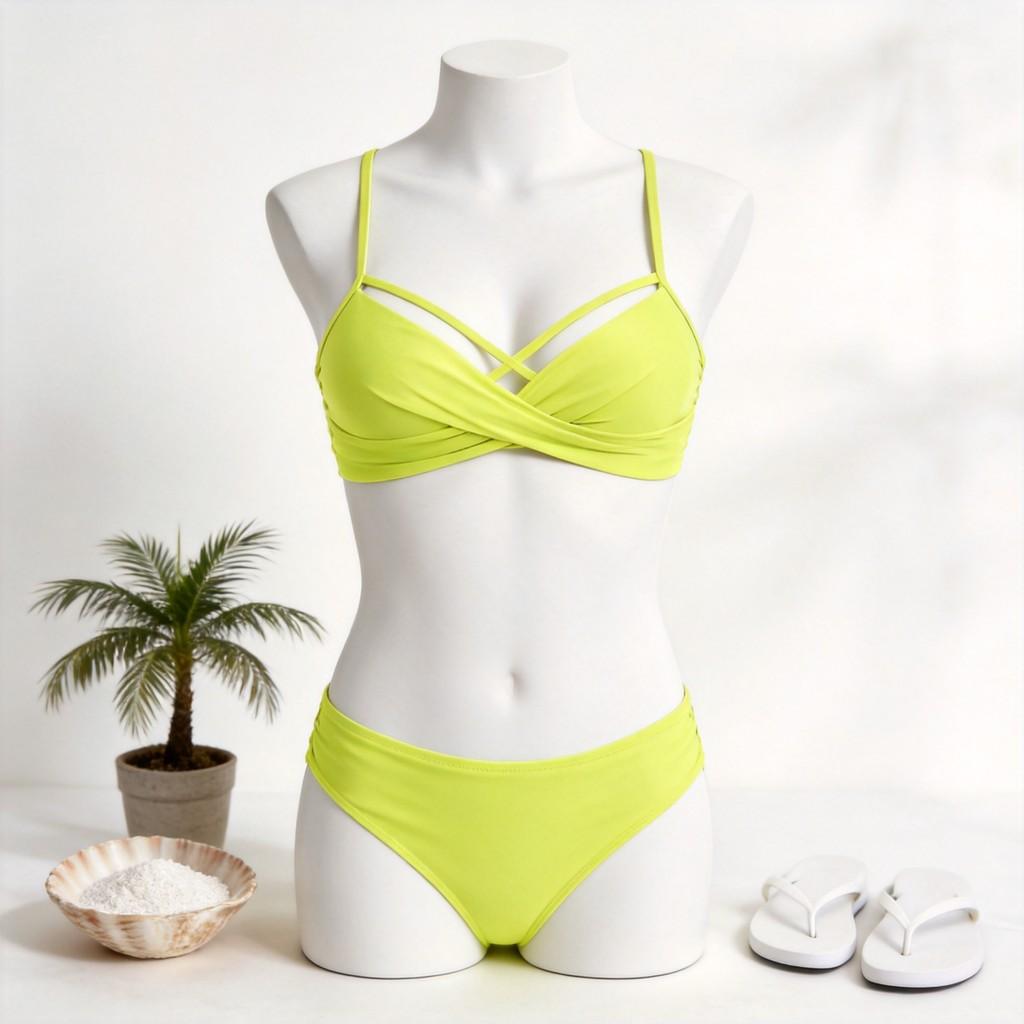 Women Solid Color Bikini Swimsuit With Triangle Top And Steel Support For Summer Beachwear