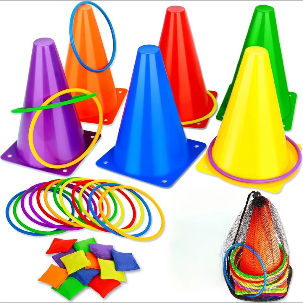 3 In 1 Soft Plastic Cones Bean Bags Ring Toss Games Carnival Games Set for Kids Birthday Party Outdoor Games 32 Pcs Combo Set