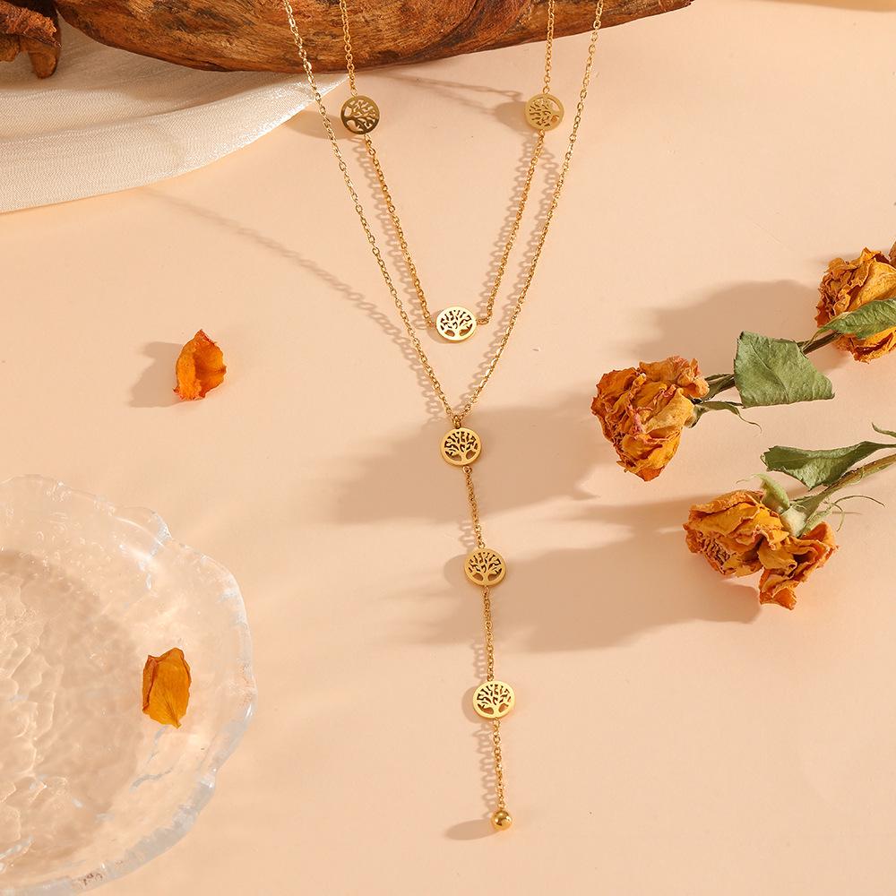 Elegant Stainless Steel Butterfly & Heart Double Layer Tassel Necklace