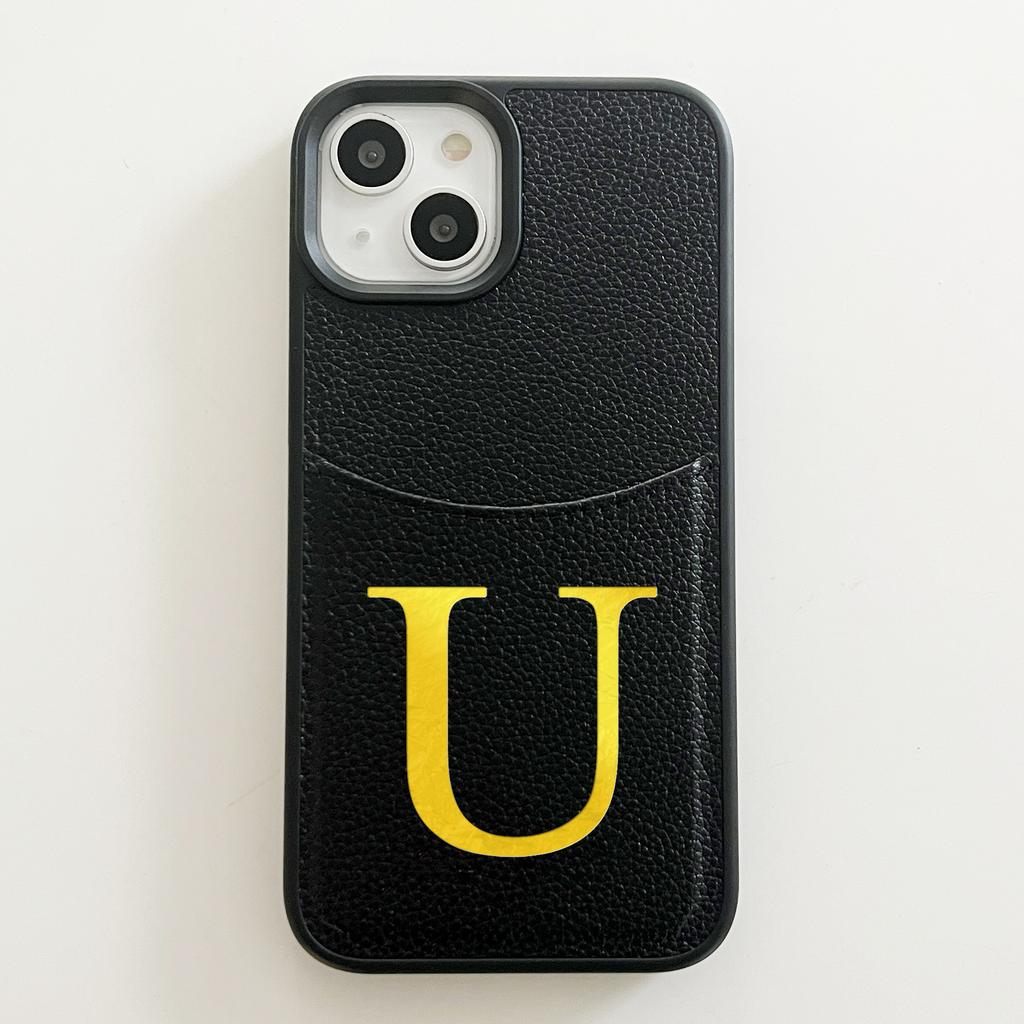Custom Name Initial Big Letter Insert Card Phone Case For iPhone 16 15 14 13 12 Pro Max Plus Hot Foil Stamping Faux Leather Case
