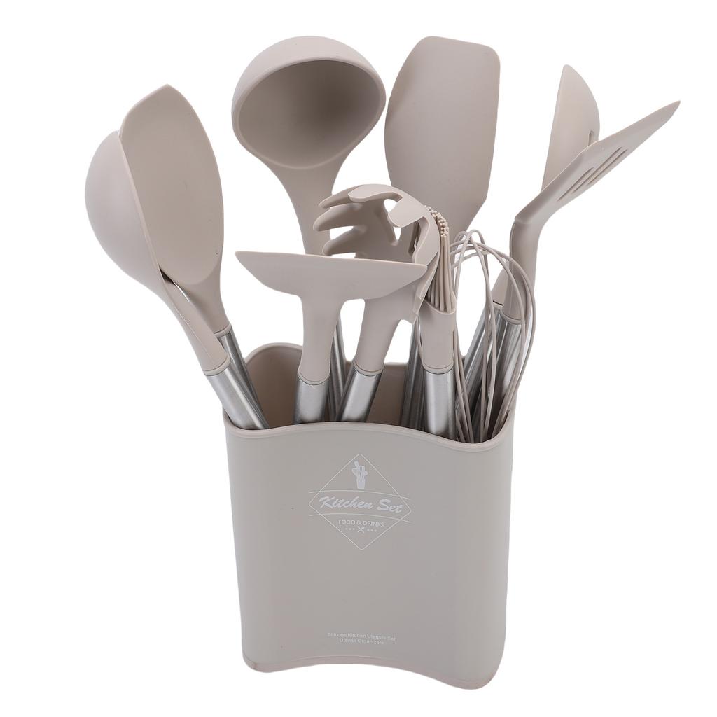 Kitchen Utensils Set Silicone Stainless Steel Heat Proof Spatula Spoon Kitchen Gadgets Tools with Drainer and Holder