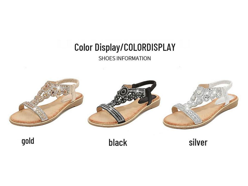 Women's 2025 Spring Rhinestone Bohemian Flat Sandals, Round Toe, Plus Size Available.