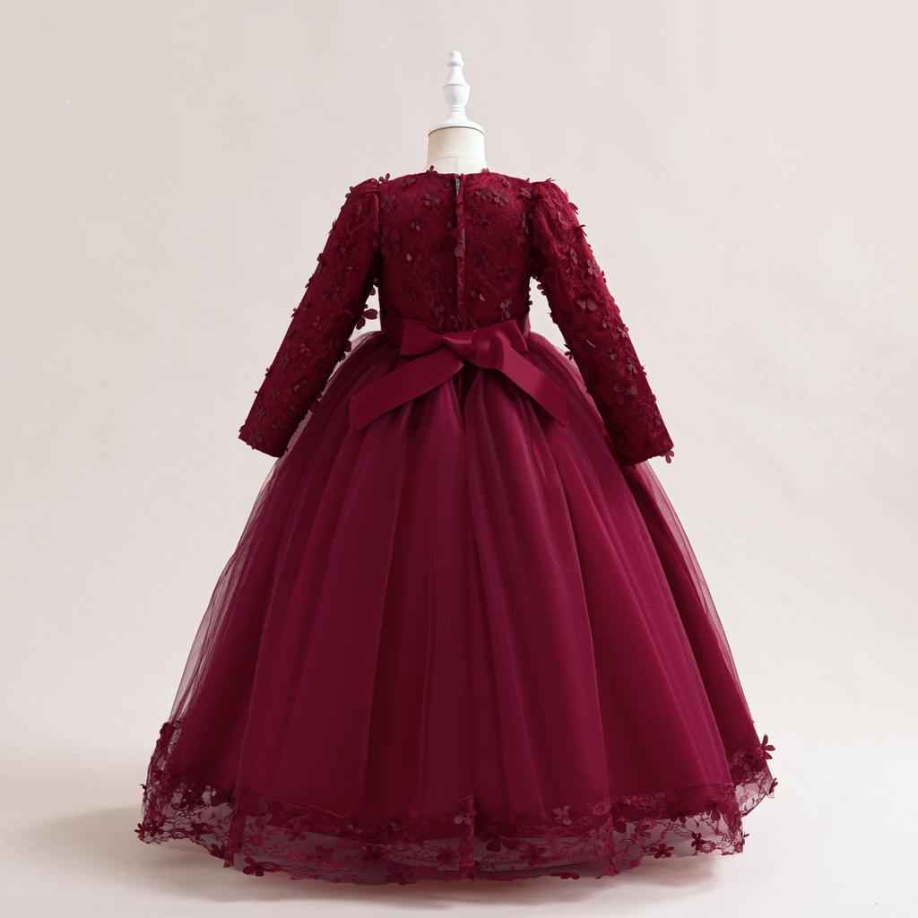 Langarm Blumen Brautjungfernkleid Kinder Weihnachts Kostüm Spitze Schleife Prinzessin Kinderkleider Für Mädchen Party Hochzeitskleid