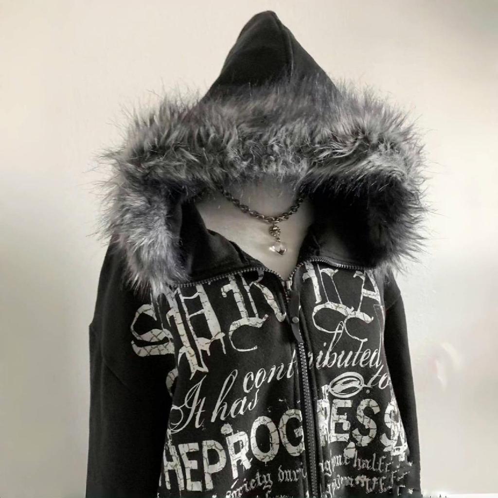 VAYLA Jachete Gotice Harajuku Y2k American Vintage Negru Blană Sintetică Hanorace Femei Imprimate cu Litere