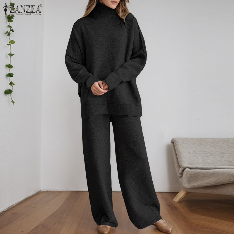 ZANZEA Damen Langarm Rollkragen Bluse und Hose Herbstpullover Zweiteilige Anzugsets