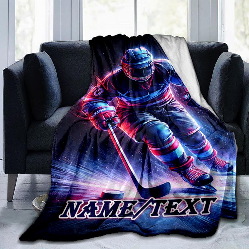 1PC Custom Name Hockey Player Action outdooor Flannel blankets Throw Blanket All-Season Throw Gift Bedspread for Couch, Bed, Camping Holiday Birthday