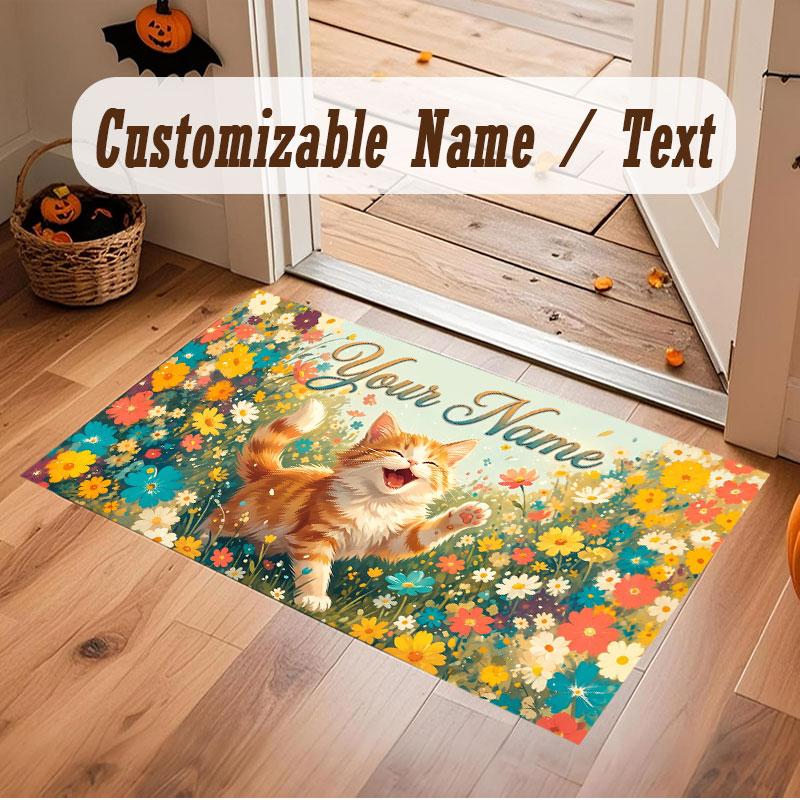 Cat Theme Crystal Velvet Floor Rug Personalized Custom Name Text Warm Carpet Home Decoration