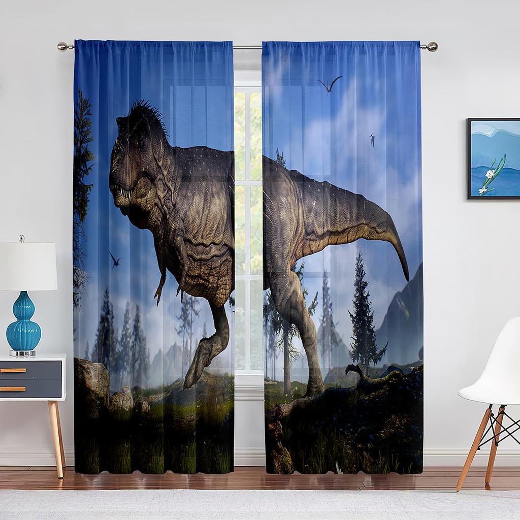 Jurassic Animals Jungle Dinosaur Trees Pattern Sheer Curtain For Living Room Window Children Bedroom Decor Tulle Voile Curtain