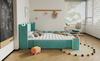 Children's Upholstered Double Bed, Foldable Side Shelf, Storage Drawer, Castle Design, Soft Anti-Collision Edges, French Velvet, Blue-Green, 140x200cm
