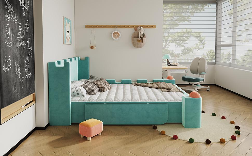 Children's Upholstered Double Bed, Foldable Side Shelf, Storage Drawer, Castle Design, Soft Anti-Collision Edges, French Velvet, Blue-Green, 140x200cm