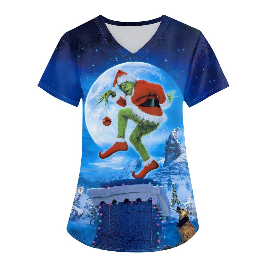 Women's Christmas Printing Uniform Work Uniform V-Neck Pocket Protective Work Uniform
