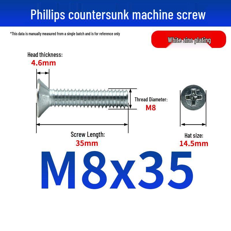 White Zinc Plated Cross Recessed Countersunk Head Screws & Bolts, Machine Thread, M3-M12