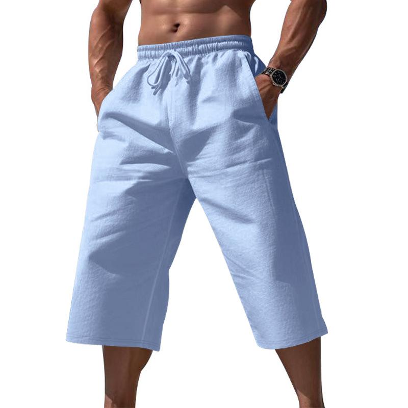 Herren Kordelzug Elastischer Bund Caprihosen Imitation Leinen Locker Mehrfarbig Atmungsaktiv Sommer Freizeit Verkürzte Hosen